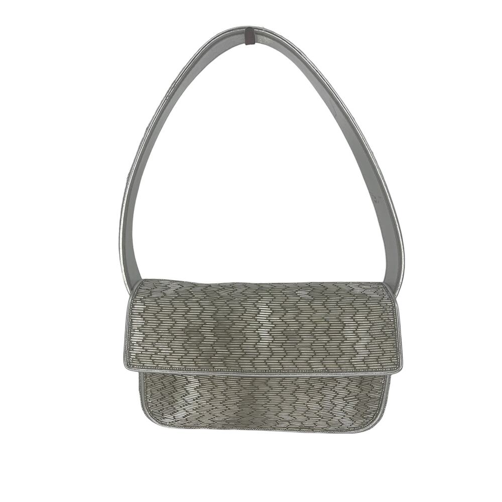 Staud Tommy Silver Beaded Shoulder Bag Metallic Evening Purse - Picture 2 of 16